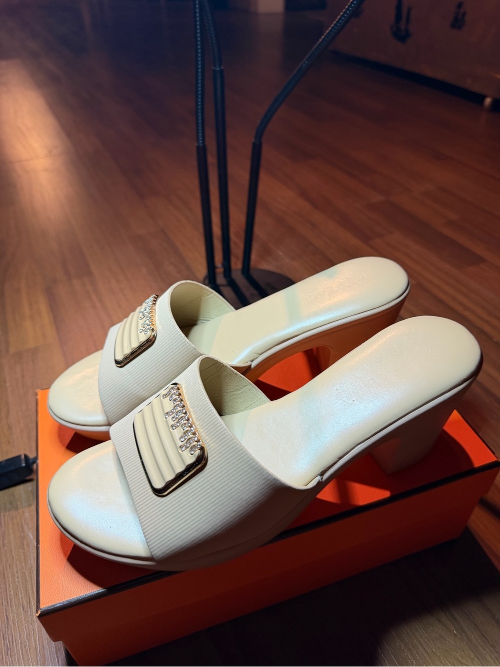 Cream Slide Mules with Gold Rhinestone Accent